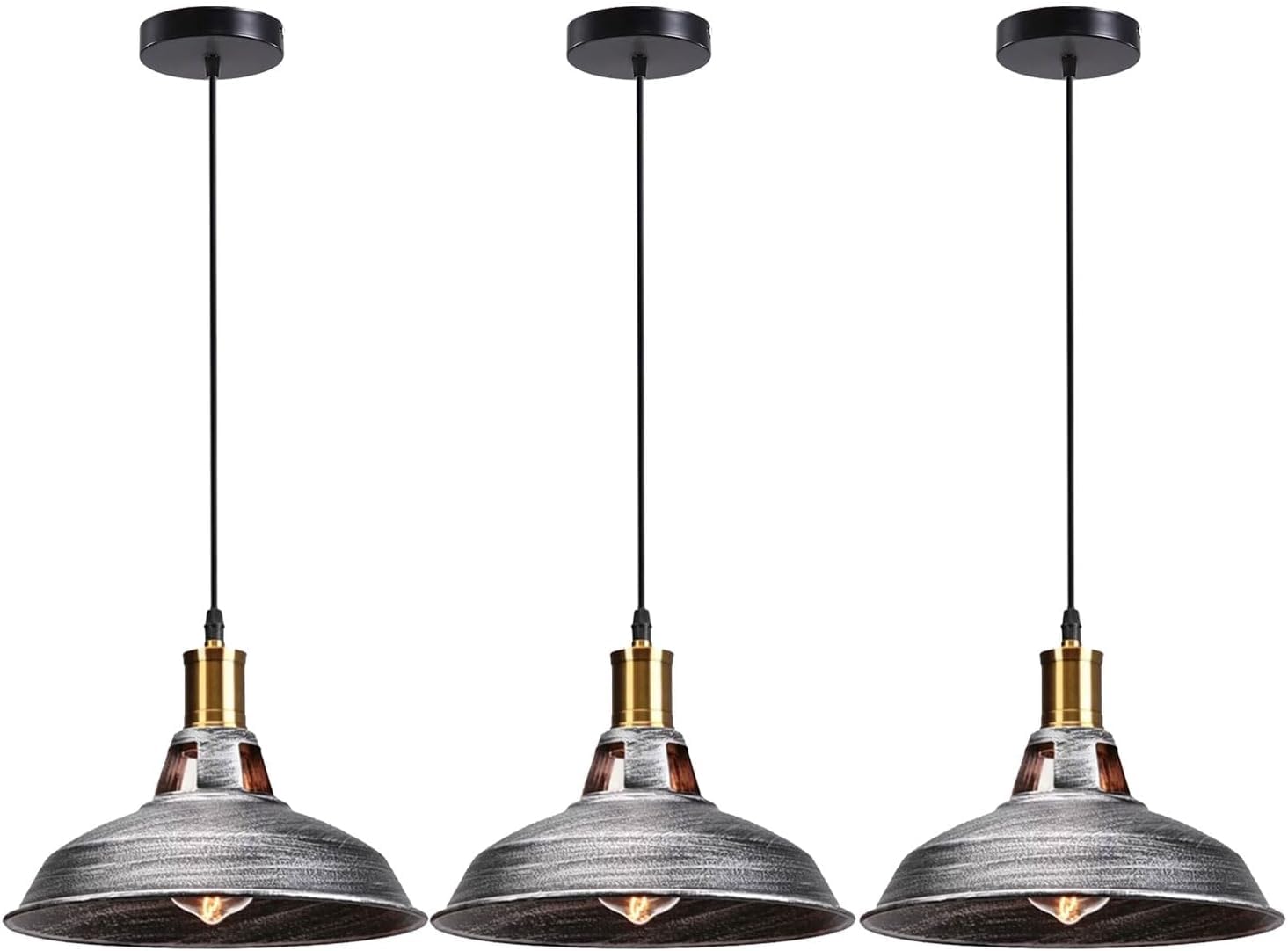 HXYSXHJUO 3PCS Vintage Retro Chandelier Industrial Pendant Ceiling Light E27 Metal Lampshade LED Fixture Loft Lamp (Brushed Silver, with Bulb)