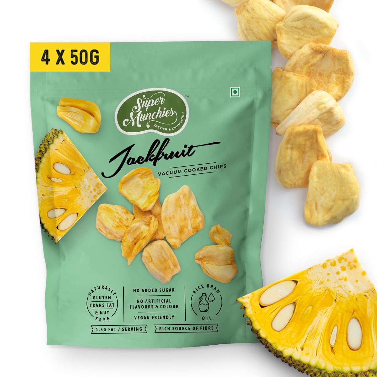 Super Munchies Vacuum Cooked Fruit Chips, Vegan Healthy Snacks, Gluten-Free & Nut-Free (Pack of 4, Jackfruit)