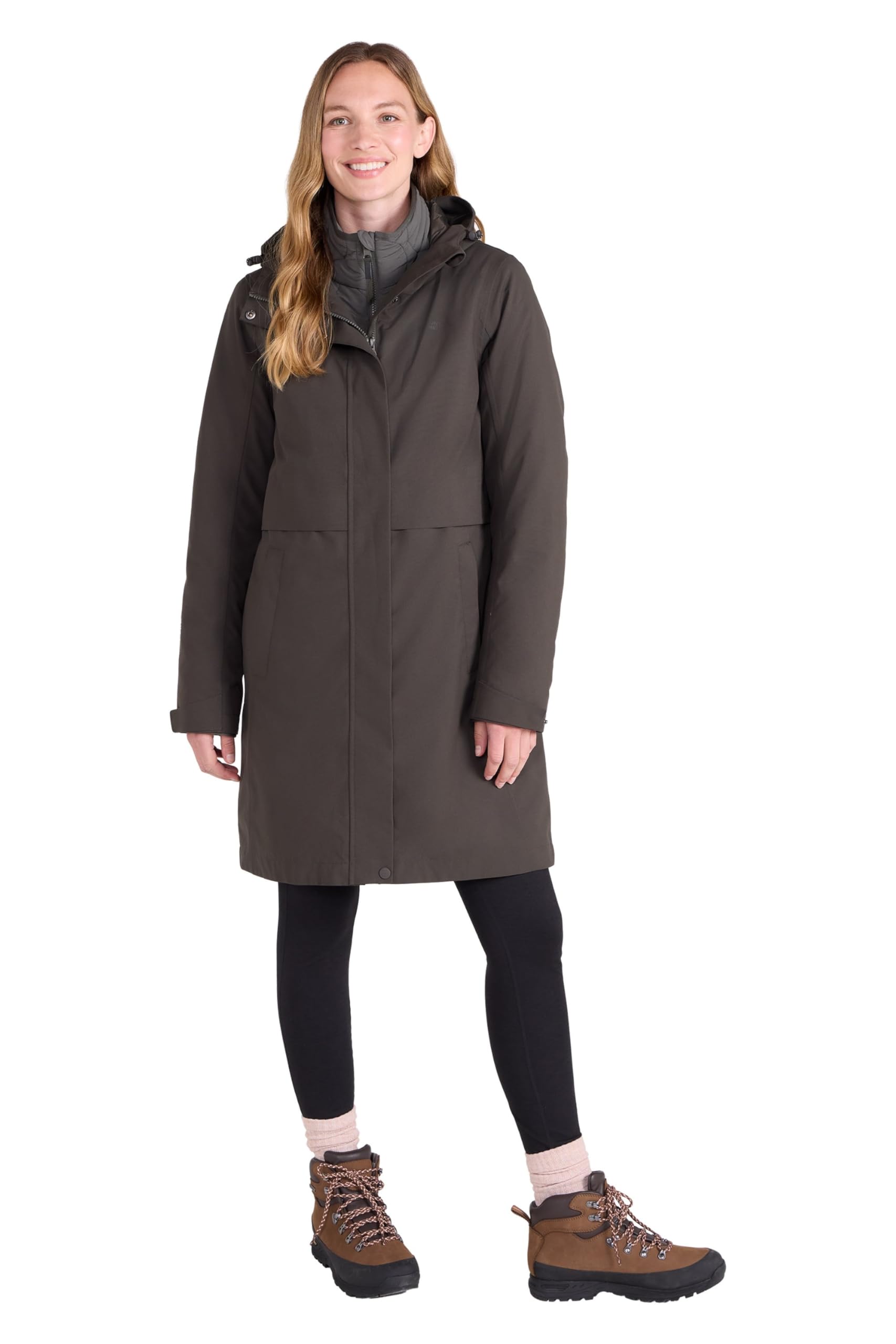 Mountain Warehouse Women's 'Luna' 3 In 1 Long Waterproof Adjustable Hood Zip Up Winter Jacket in Khaki | Size: 20