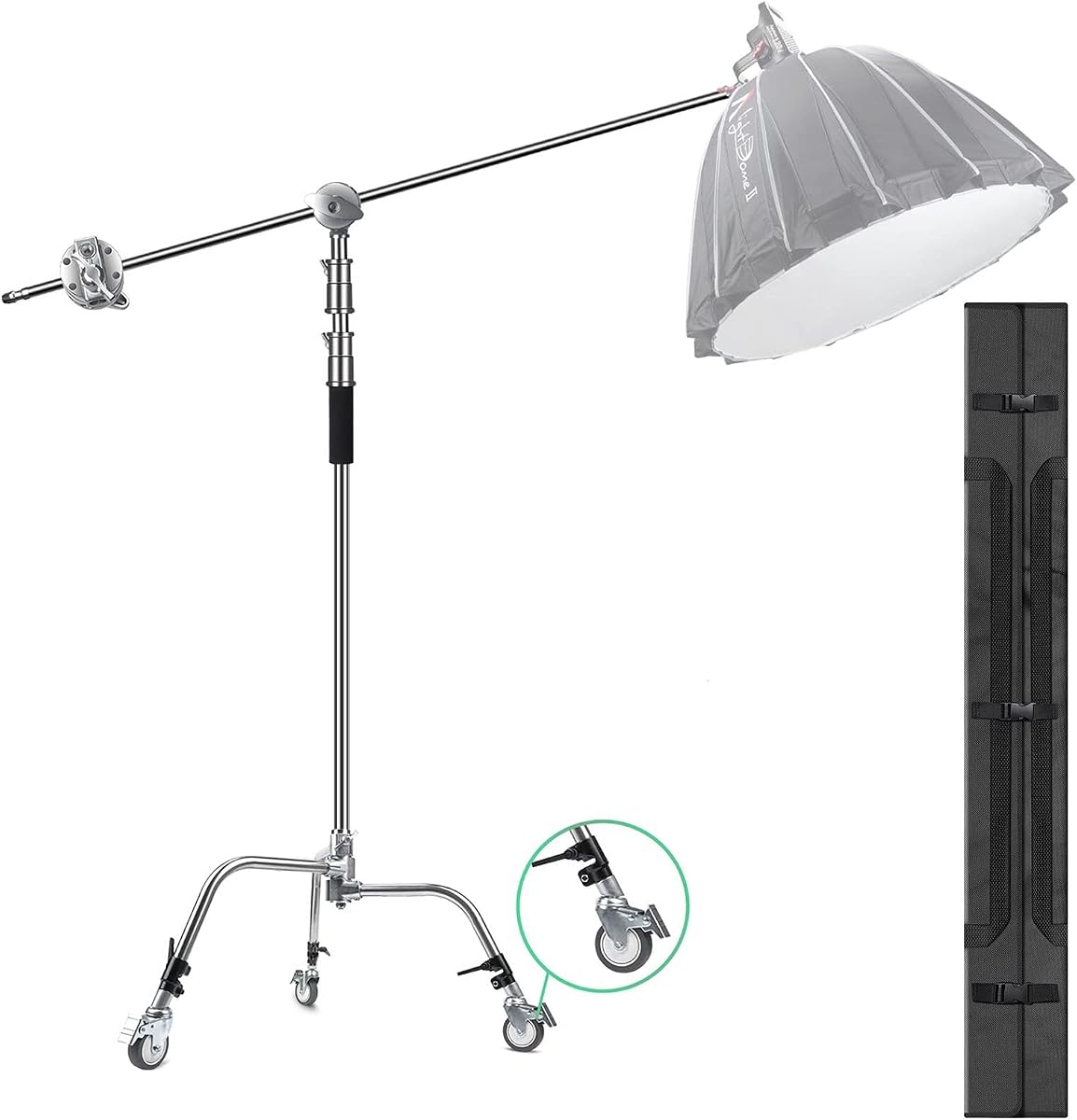 C Stand Metal with Bag Wheel Max 10.8ft/330cm with 106cm Holding Arm 2 Pieces Grip Head for Godox AD400 Pro AD600 Pro AD600BM Aputure 120D 300D II for Photography Studio Video Monolight