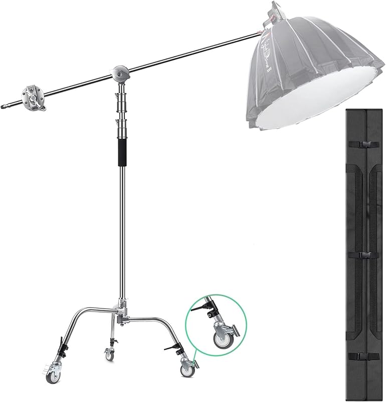 C Stand Metal with Bag Wheel Max 10.8ft/330cm with 106cm Holding Arm 2 Pieces Grip Head for Godox AD400 Pro AD600 Pro AD600BM Aputure 120D 300D II for Photography Studio Video Monolight