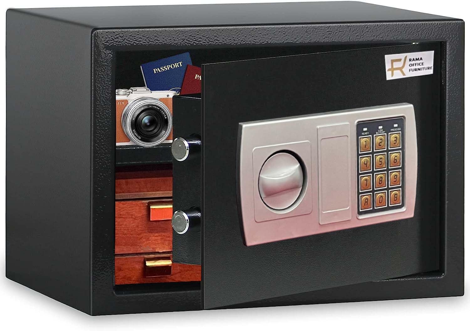 A4 Document Size Safe Box for Home Office with Key and Electronic Digital Lock, including 1 shelf Suitable for Cash Documents Jewelry Passports (25x35x25cm) Black