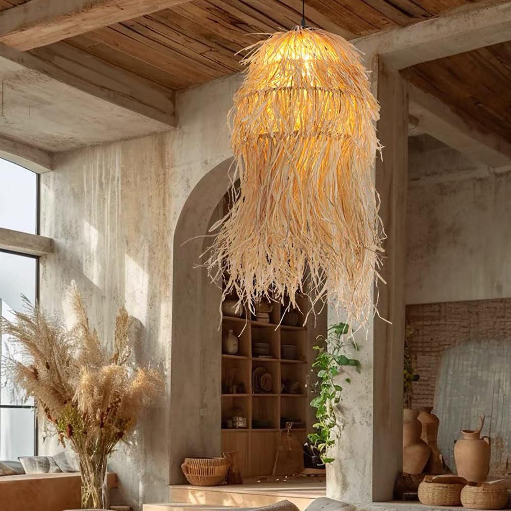 LYMSXAZOU Handwoven Rattan Pendant Light - Adjustable Vintage Straw Chandelier for Kitchen Island and Dining Room(15.7in)