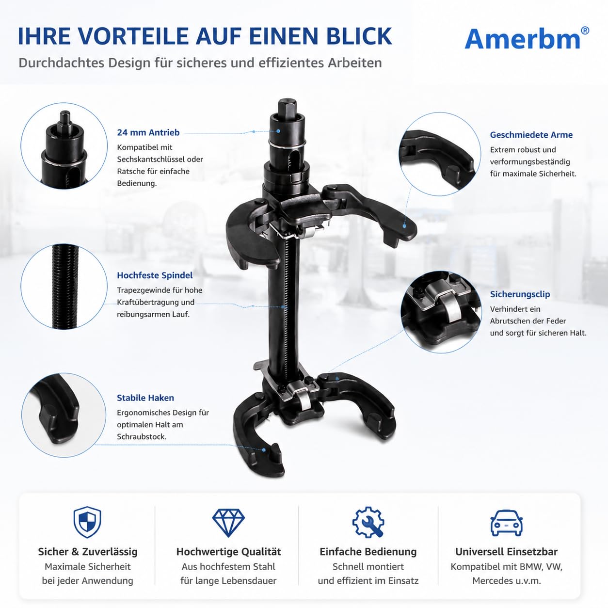 Profi McPherson Federspanner 2300kg – Universal Federbeinspanner Set für KFZ Stoßdämpfer & Fahrwerk – Sicher für Schraubstock – Kompatibel mit BMW, VW, Mercedes W211 W447