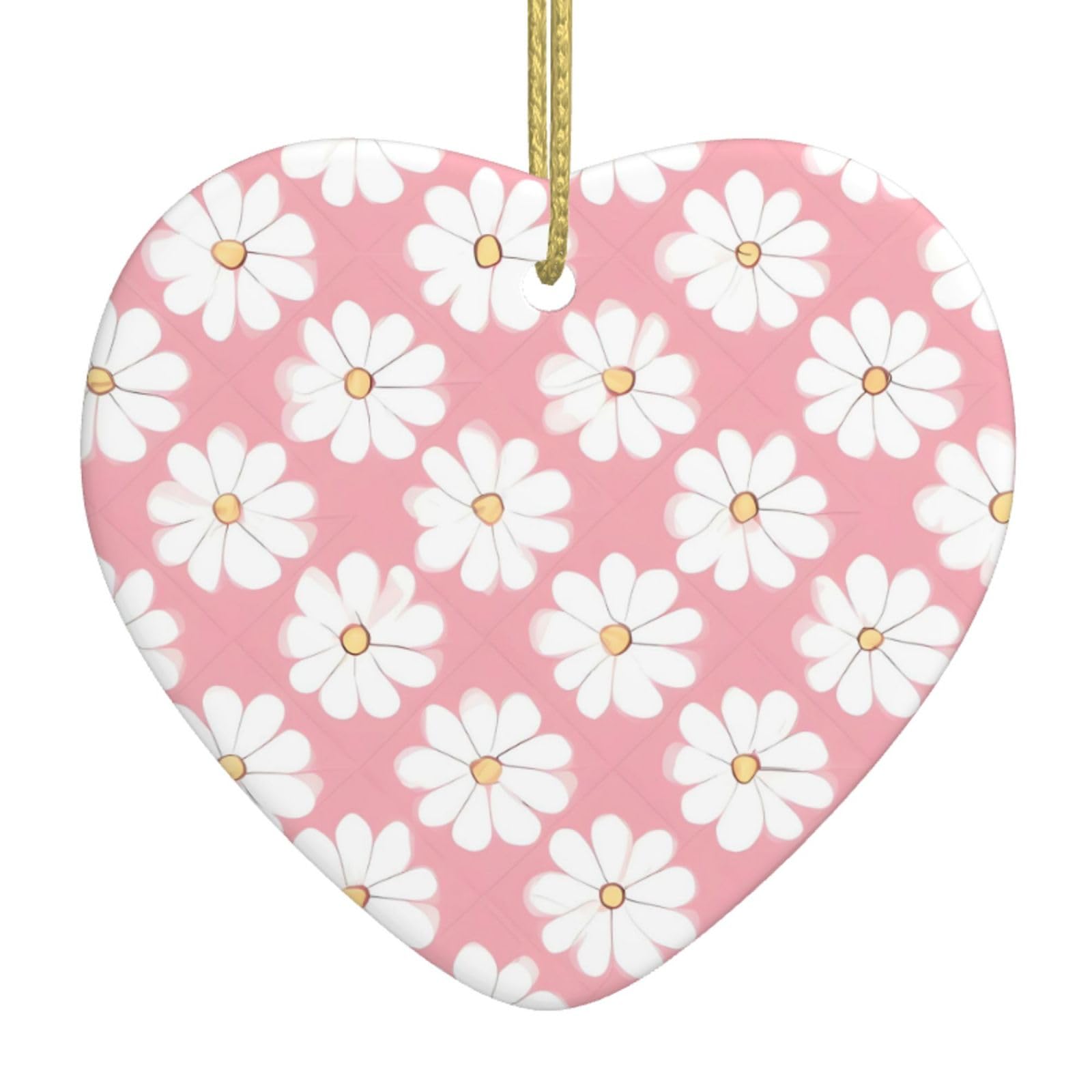 White Chrysanthemum Texture Chart Ceramic Christmas Heart Pendant with Silk Thread, Christmas Tree Home Decoration