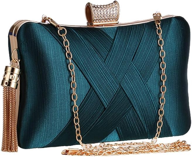 zonku india Women's Evening Clutch Bag, Silk Satin, Green, with Tassels and Crystals, Bridal Purse, Wedding, Prom, Party Handbag-picture-21