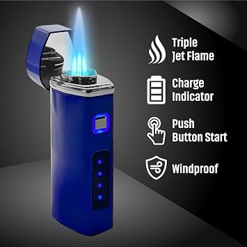 Electric Torch Lighter - Windproof Triple Jet Flame Lighter - Refillable Butane, adjustable, Micro USB Charging - Best Lighter for Enthusiasts
