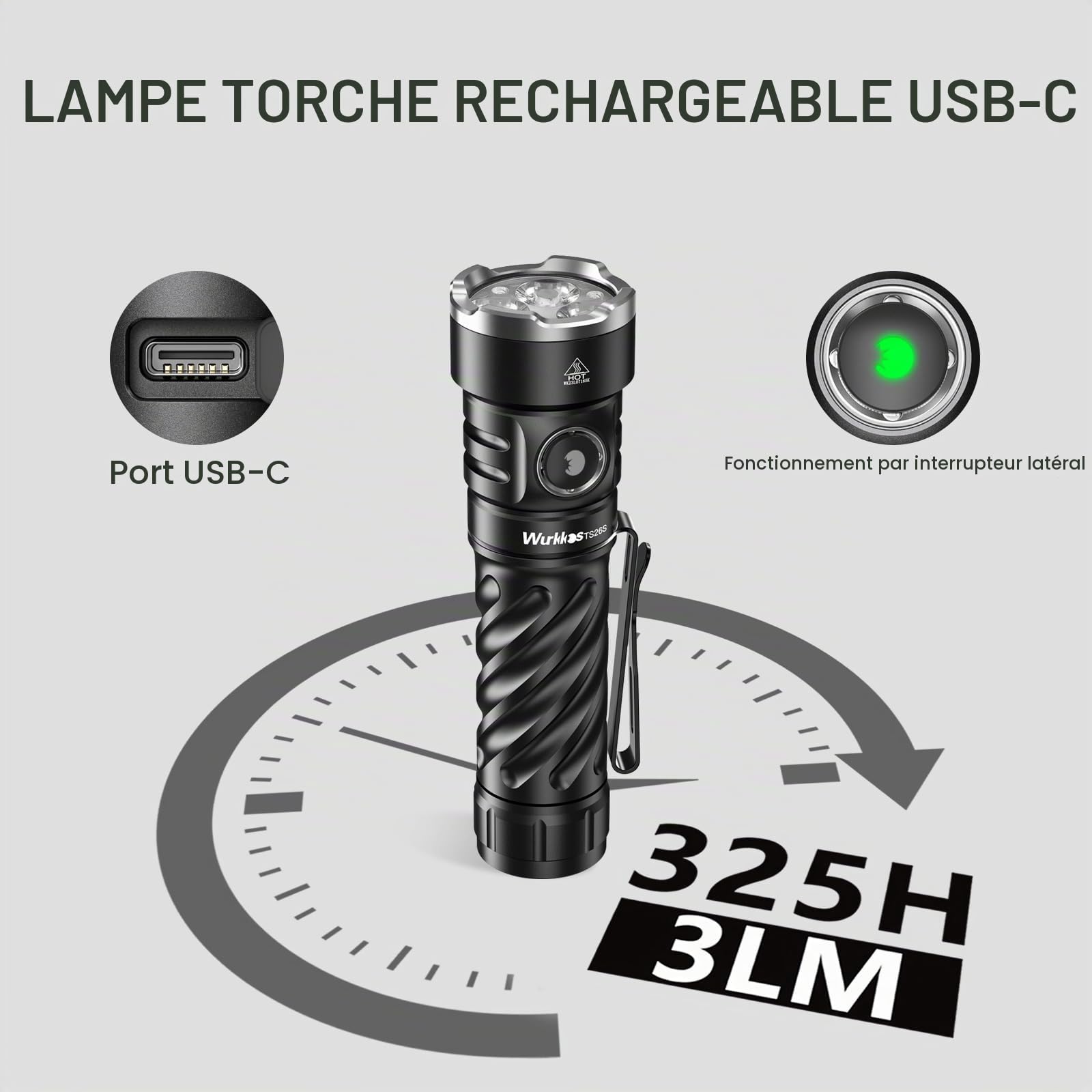 Wurkkos TS26S Lampe torche rechargeable EDC, 3100 Lumens 95 CRI | IP68 étanche, port USB-C, embout magnétique, 191m portée, idéale pour camping, randonnée et urgences