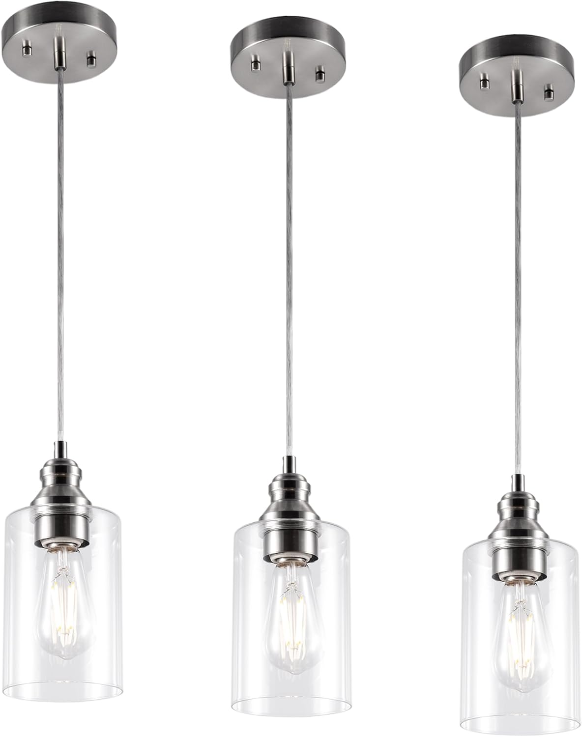 Pendant Light Fixture, Adjustable Hanging Ceiling Lights, Anti-Rust Metal Hanging Light Fixtures with Clear Glass, Modern Pendant Lighting for Kitchen Island Living Room, Nickel, 3-Pack