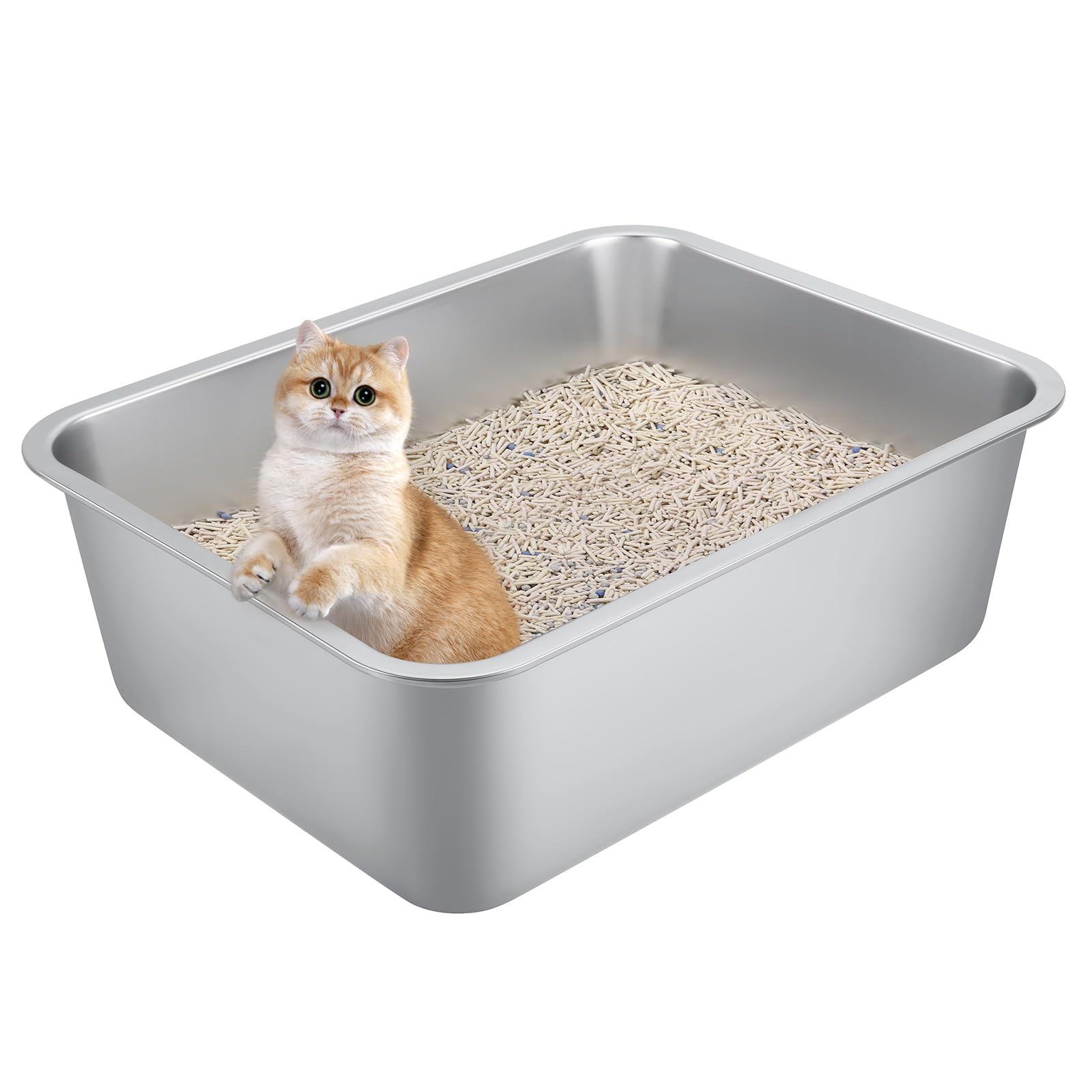 Stainless Steel Cat Litter Box for Large Cats - 17.5"x13.6"x6.1" High-Sided Metal Tray, Anti-Splash & Odor Resistant, Durable Rustproof Design, Easy to Clean