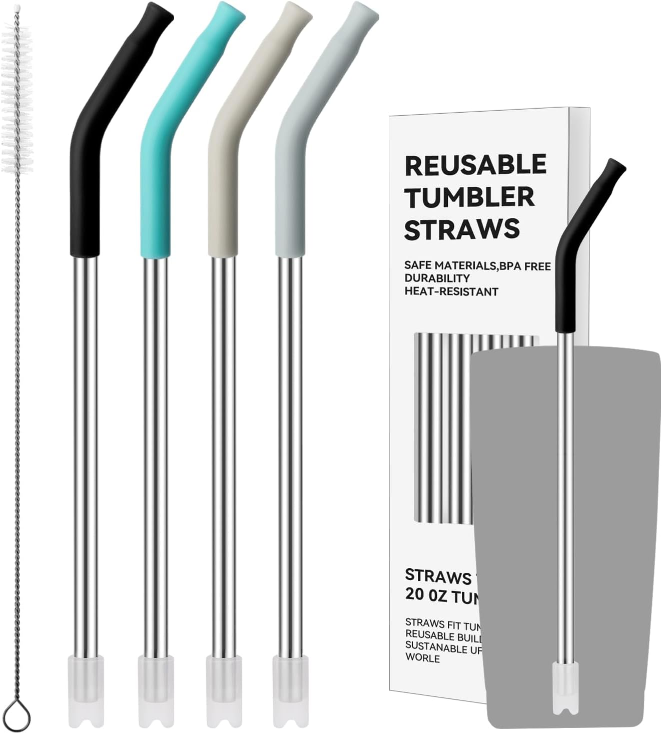 4 Pcs Stainless Steel Straws Reusable for 20 oz Yeti Tumbler, Metal Straws with Silicone Tips for 20oz Stanley Cup and 16 oz Glass Tumbler, Straw with Cleaning Brush
