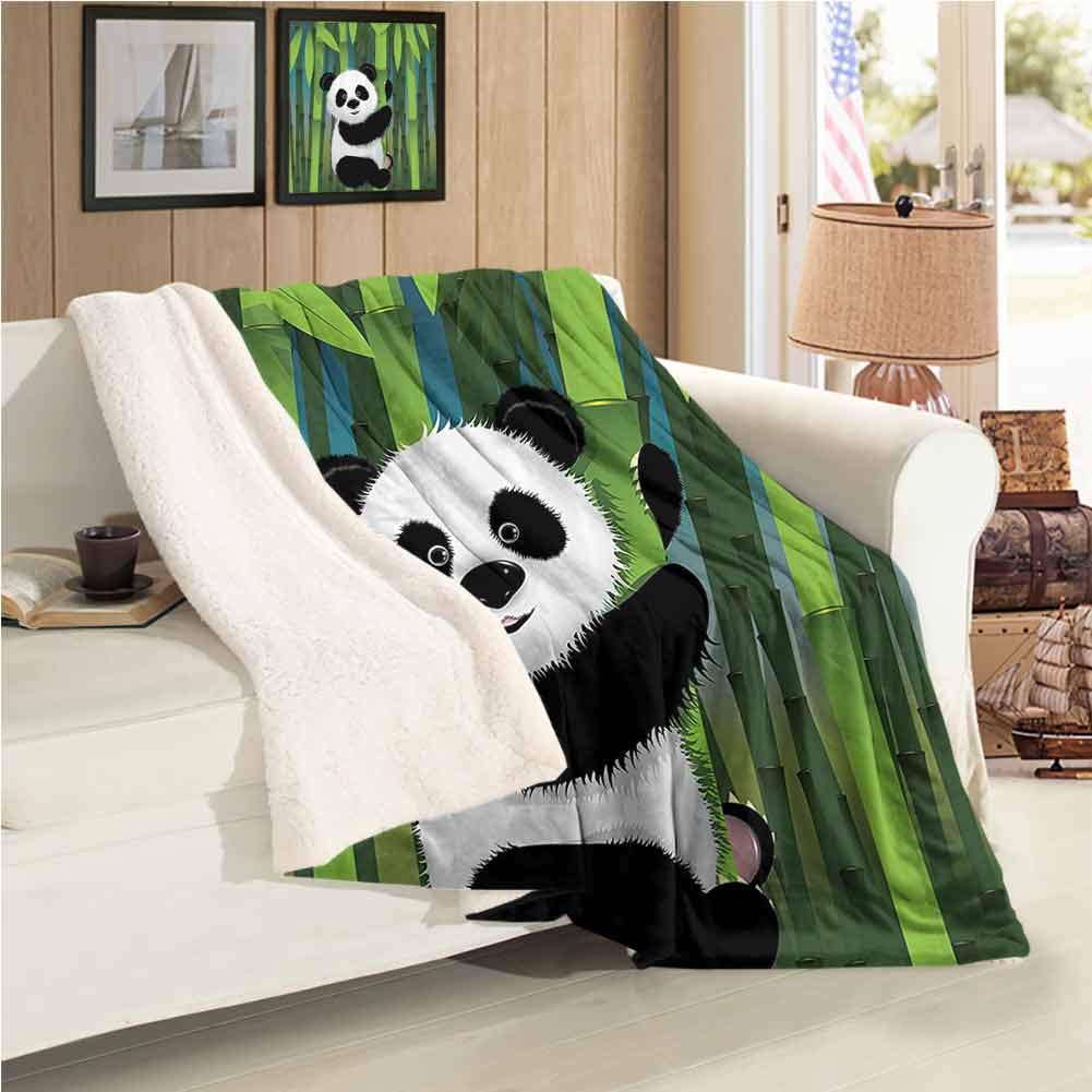 Travel blanket Cartoon Decor Collection Lamb velvet （60 x 47 inch） Curious Baby Panda on Stem of the Bamboo Bear Jungle Nature Wood Design Pattern Green Blue Black White