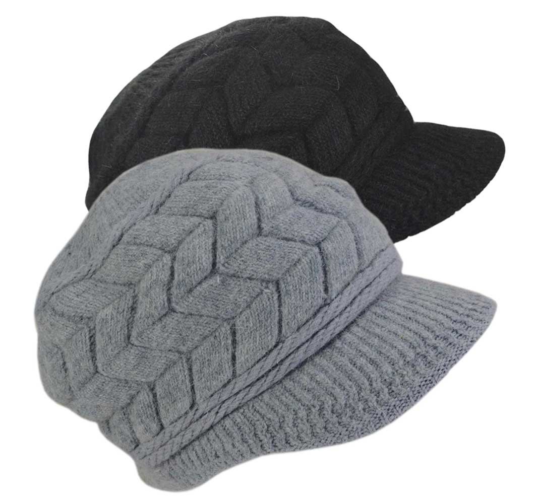 SYAYA Women Winter Warm Knit Hat Beanies Wool Snow Ski Caps with Visor DMZ01 - - Black Gray