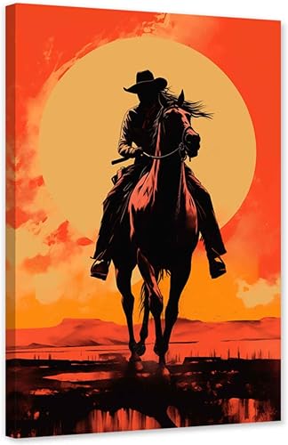 ARTZGX Lienzo de vaquero occidental para pared, diseño de atardecer occidental rojo, póster de pintura de vaquero vintage para decoración de sala de