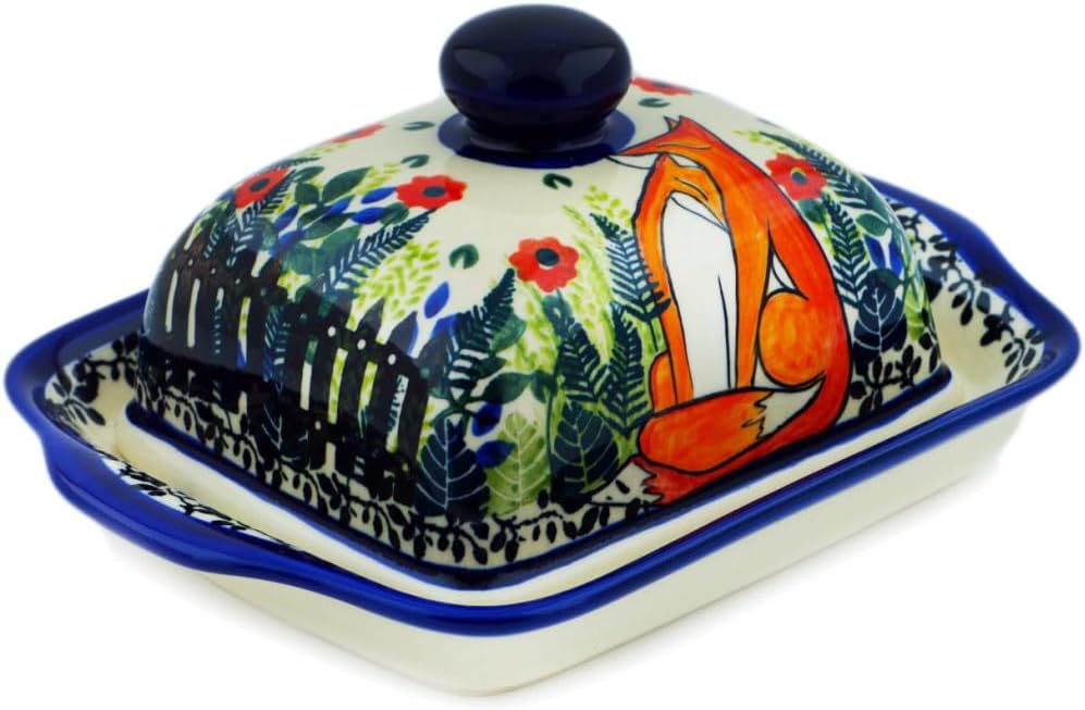 Polmedia Polish Pottery Butter Dish UNIKAT - Fox Love Pattern Handmade in Boleslawiec Poland by Ceramika Bona + Certificate of Authenticity
