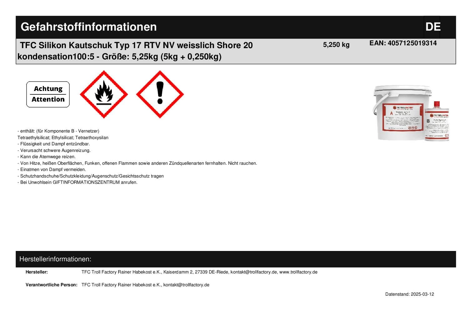 TFC, gomma siliconica tipo 17 RTV NV, bianca, Shore 20, condensazione 100:5, silicone dublies, cemento pressofuso, 5,25 kg (5 kg + 0,250 kg)