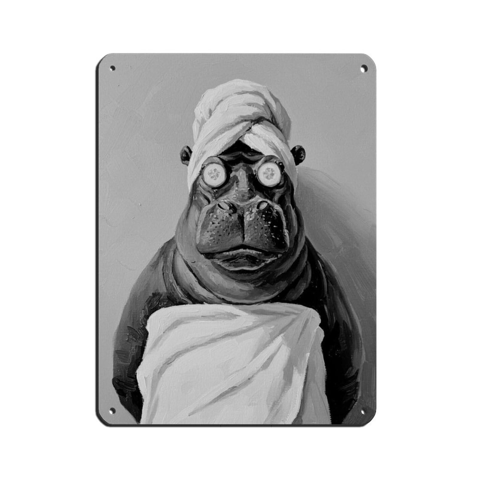 Hippo in Bathrobe Headwrap And Cucumber Slices Retro Poster Metal Tin Sign Chic Art Retro Iron Painting Bar People Cave Cafe Family Garage Poster Wall Decoration 12x16inch(30x40cm)