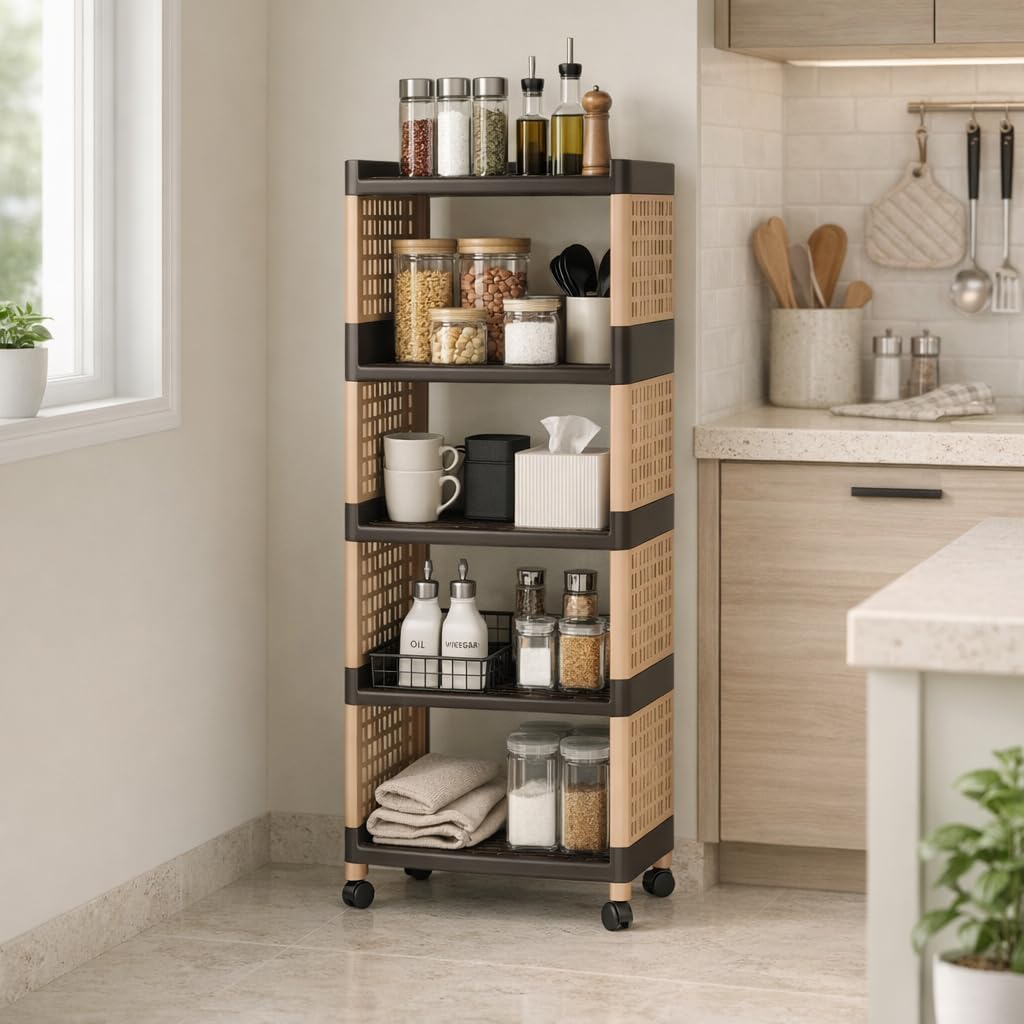 Morbrix 5 Layer Multipurpose Kitchen Trolley with Wheels, Space Saving Home Storage Organizer Rack Vegetable Trolley Rack Stand for Home, Offic (Brown & Ivory)
