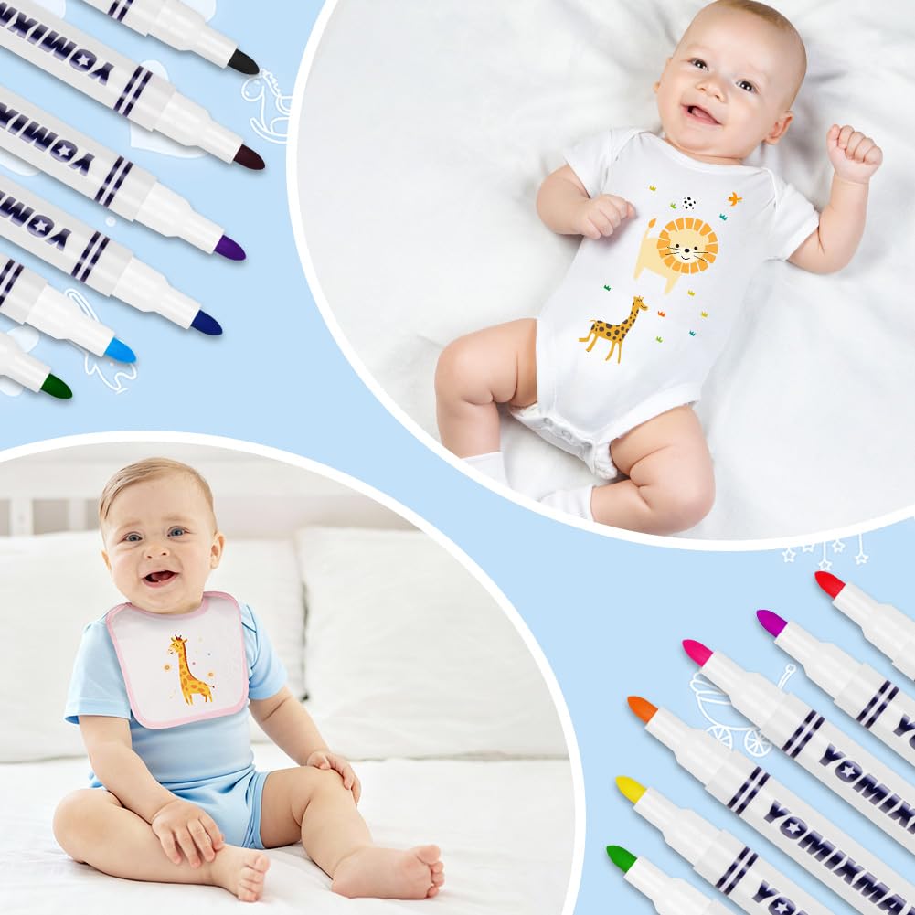 Aolso 6PCS Bavoir, Bavoirs Peinture et 6PCS Grenouillères, avec 12 Stylos Textiles de Couleur et 22 Pochoirs de Peinture, Cadeau pour Babyshower Party DIY（9-12mois）