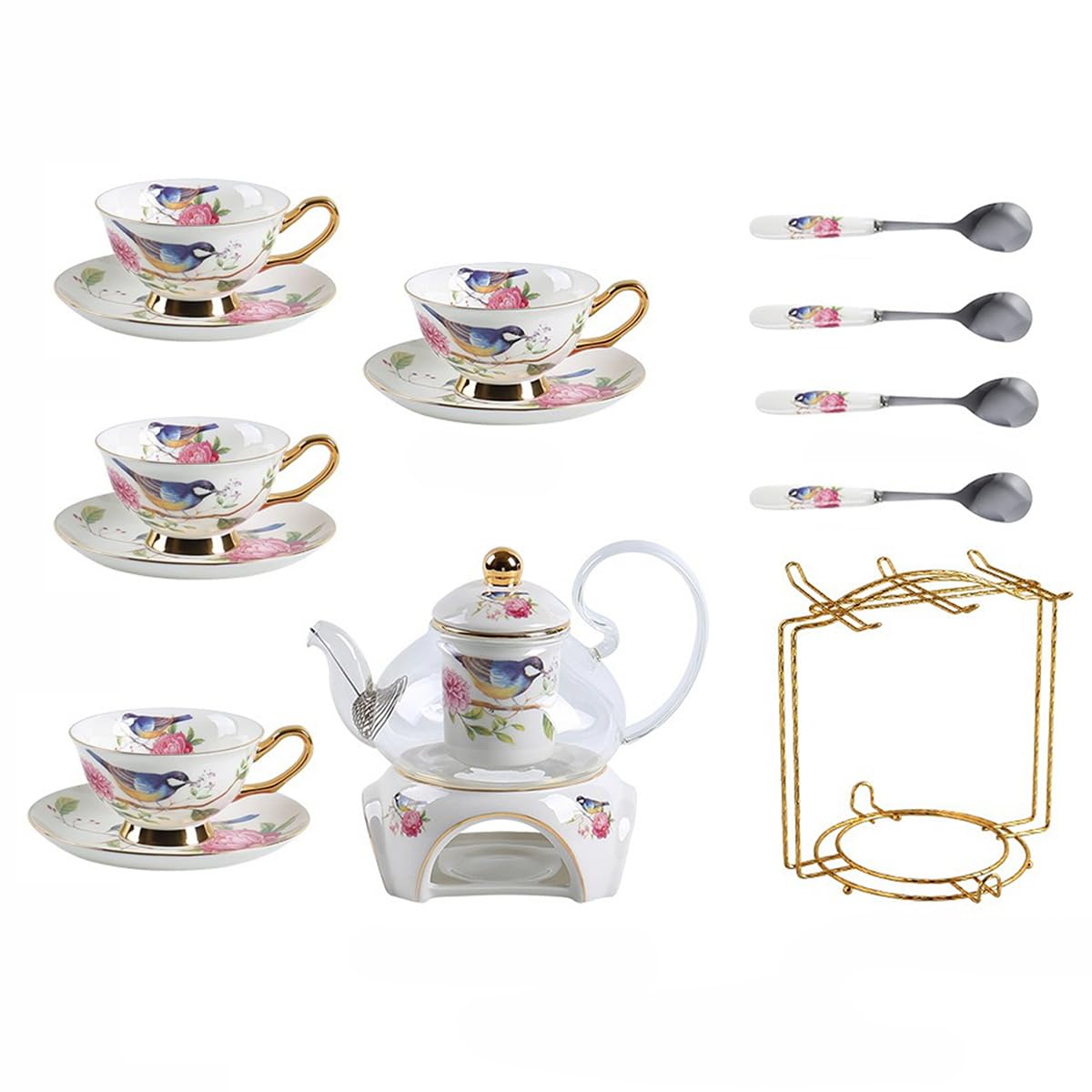 15 Stück Europäischen Blumen Tee Set,Muster Bone China Tee Set Service Kaffee Set, Beheizte Glas Teekanne, Für Geschenk Und Haushalt, Hochzeit (Vogel- und Blumenmuster)