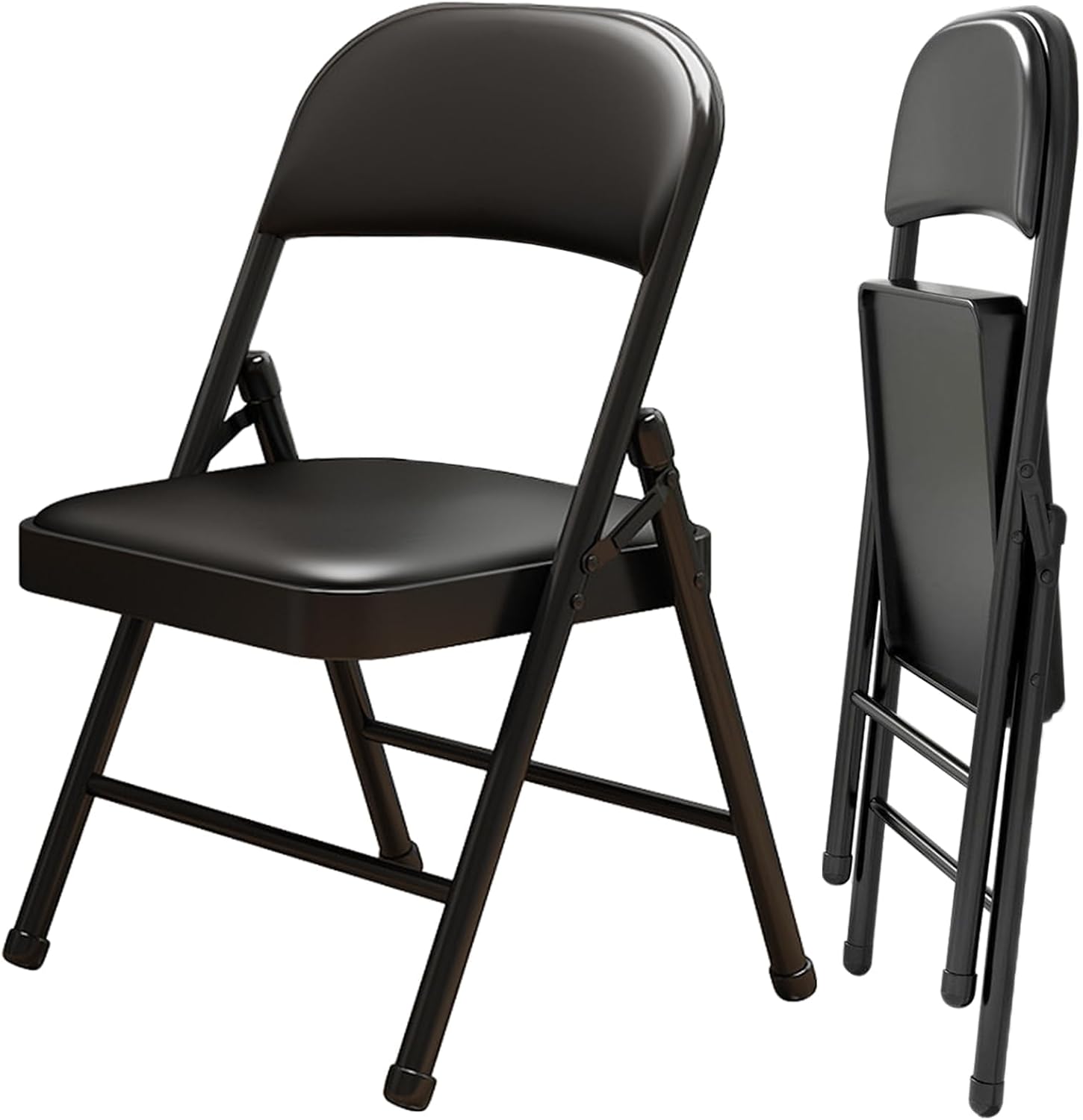 2 Pack Folding Chairs with Leather Padded Cushion and Back, Metal Black Foldable Chair for Indoor Outdoor, Commercial Stackable Guest Chairs for Office Events Wedding Party Kitchen Dining Black Pu Leather 2 pack