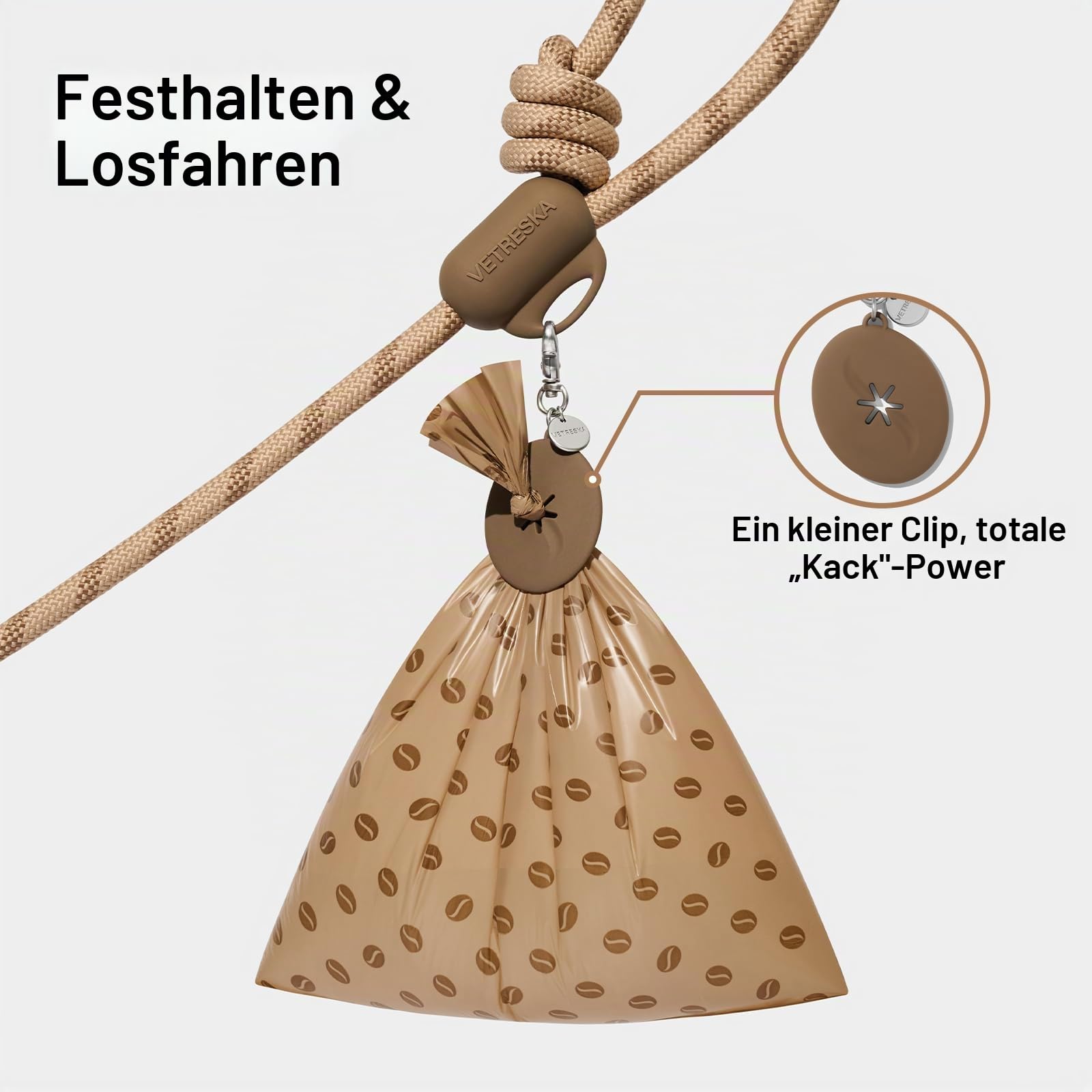 VETRESKA Händefreie Hundeleine, 2,4m, verstellbare Seilleine für mittelgroße und große Hunde, Taille/Crossbody-Leine, zum Spazierengehen, kein Ziehen, mit Beutelspender, Clip, 3-in-1-Walk-Kit (Kaffee)