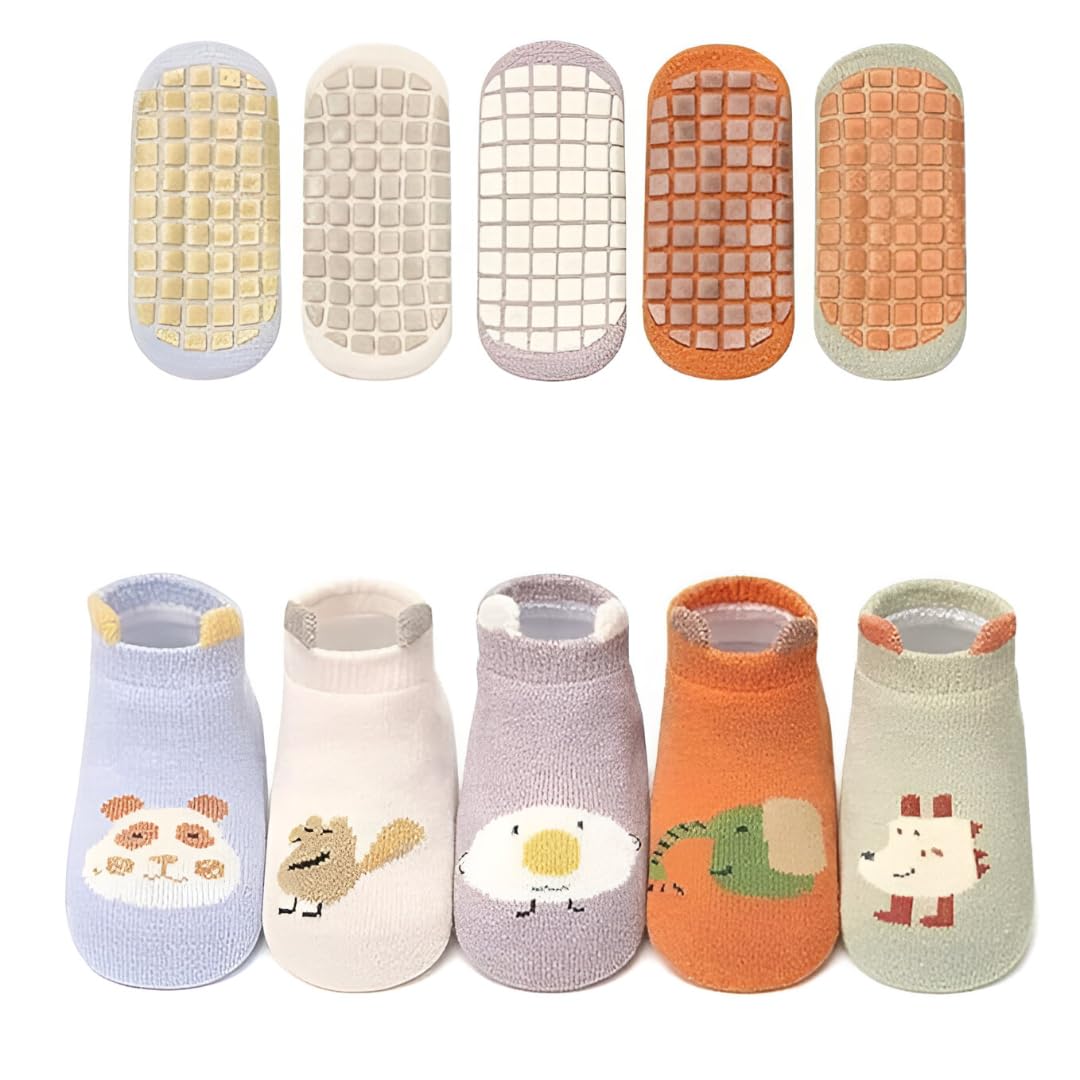 lakshiv enterprise Baby Non-Slip Socks Set with Grip Bottom, 5 Pairs, Cotton Fabric, Cartoon Design, Size Options (Multicolor)-picture-44