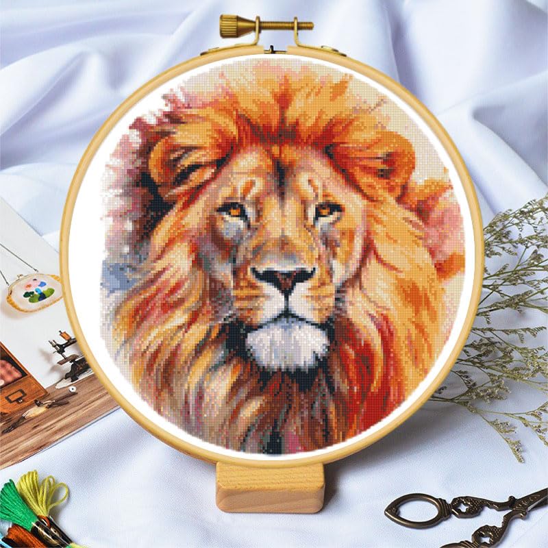 DIY Stamped Cross Stitch Kits with Hoop Animal Brown Lion Kits for Beginners Easy 11CT Needlepoint Embroidery Counted Cross Stitch Kits Art Craft Wall Decoration and Gift 33x33cm