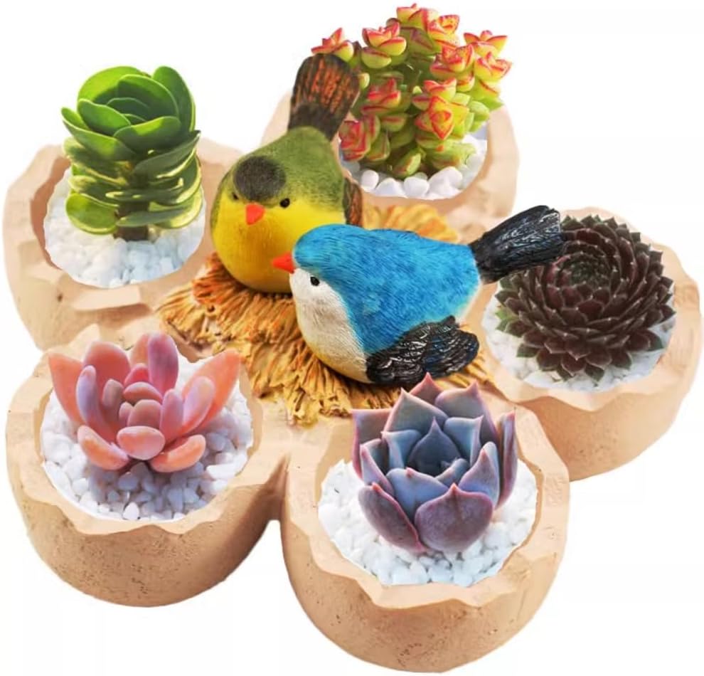 Fantasee Succulent Pot, Small Garden Pots with Drainage Hole, Resin Plants Flower Pots Miniature Ornaments for Home Office Decor (Bird's Nest)