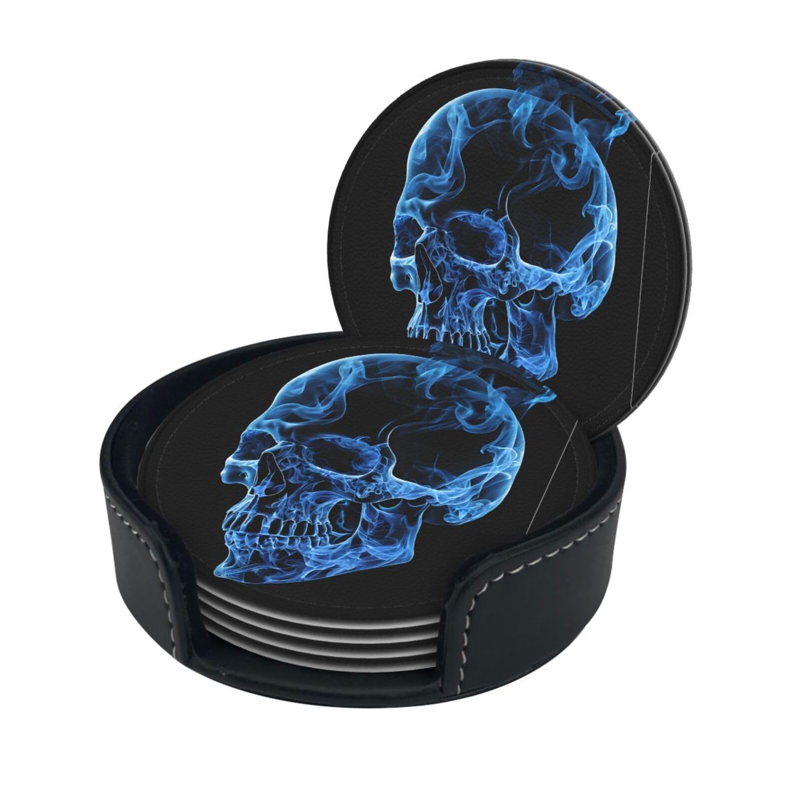 Blue Skull Print Coaster,Round Leather Coasters with Storage Box for Wine Mugs,Cold Drinks and Cups Tabletop Protection (6 Piece)