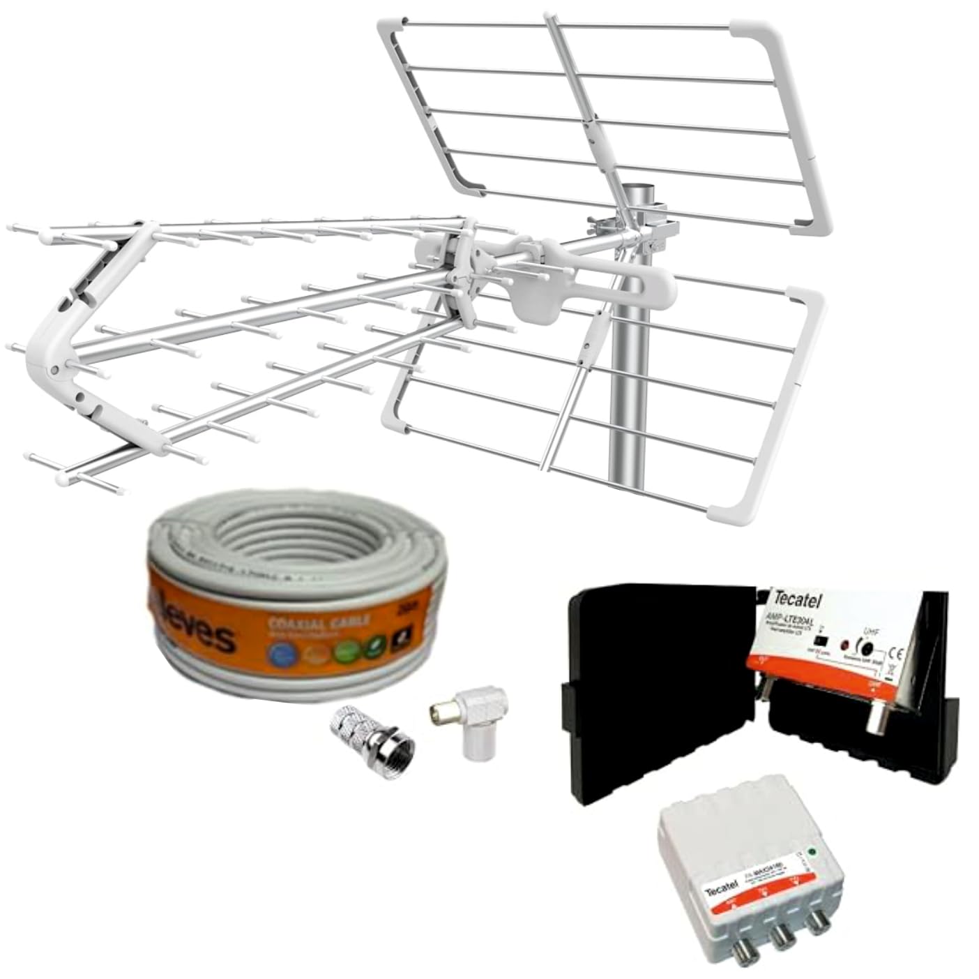 Kit Antena TV TECNOVOZ 18 dB + Amplificador 30 dB + Fuente Alimentación 2 Salidas + Conexiones + 20m Cable