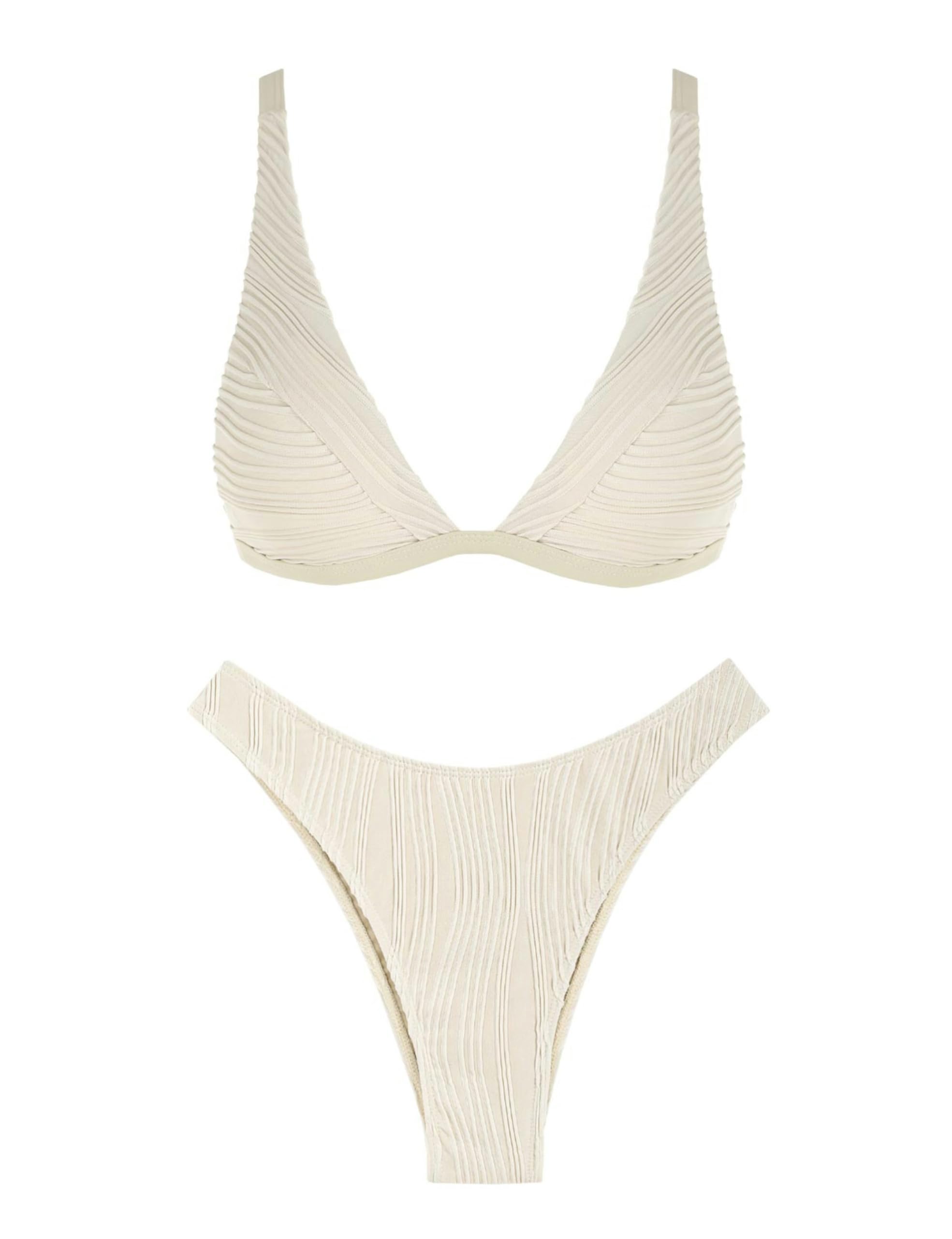 ZAFUL Bikini Sets for Women Triangle Textured Plunging High Cut Cheeky Bikini Swimsuits Two Piece Bathing Suits