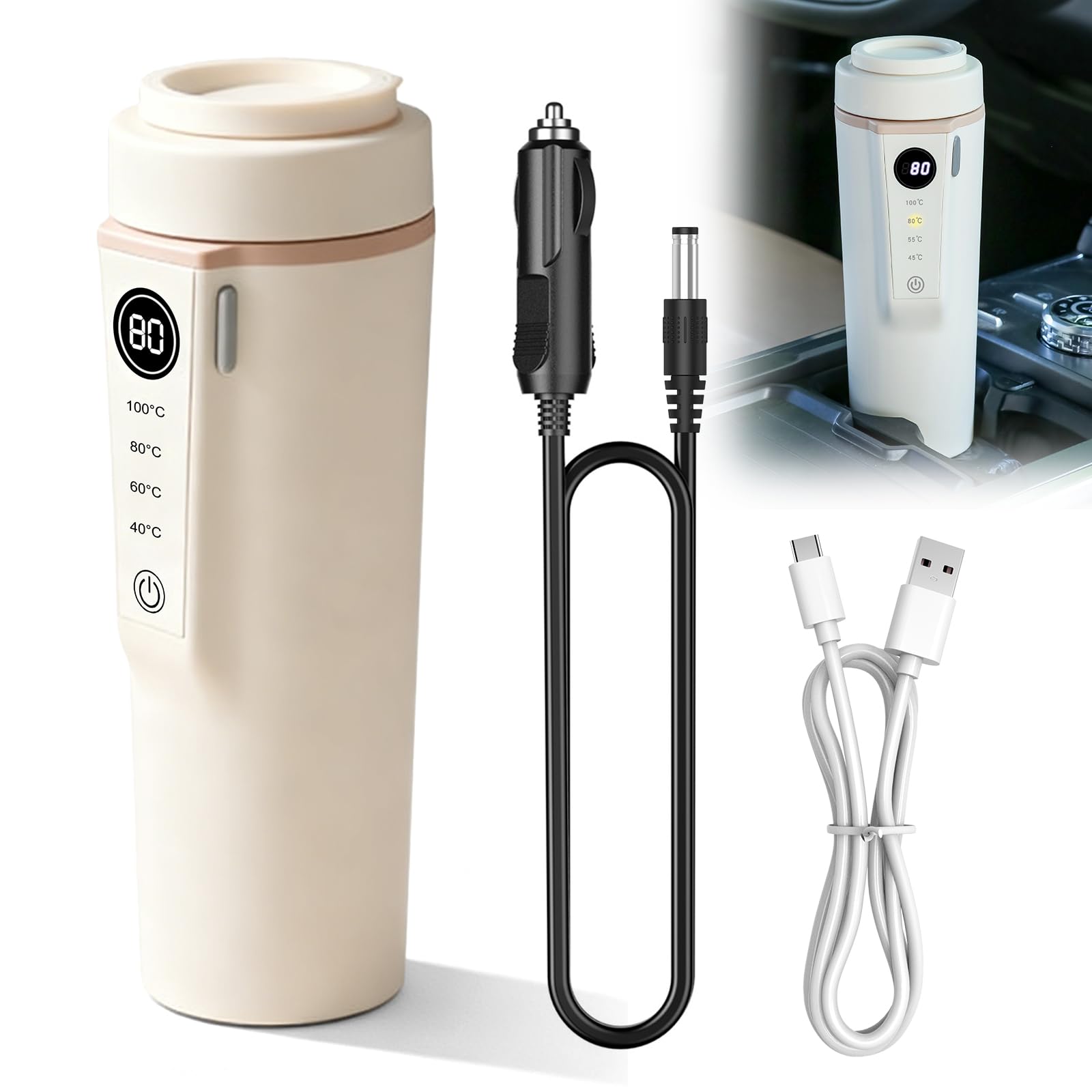 Bollitore da viaggio, 500 ml, bollitore da viaggio, 12 V/24 V, per auto, 96 W, tazza riscaldata per auto, 4 temperature per campeggio, preparazione di tè, caffè