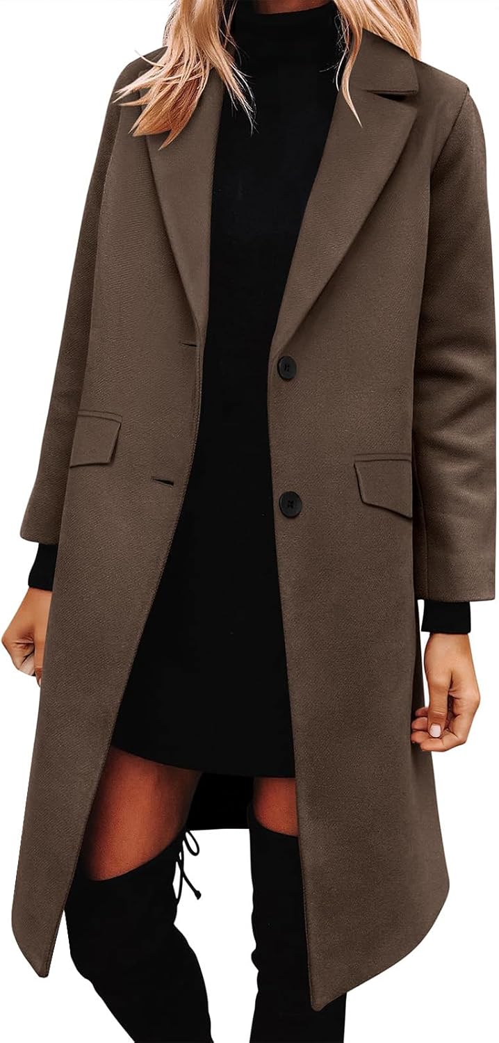 JSLOOO Long Trench Coats for Womens Fall Single Breasted Notch Lapel Peacoat Long Sleeve Winter Jacket Overcoat with Pockets