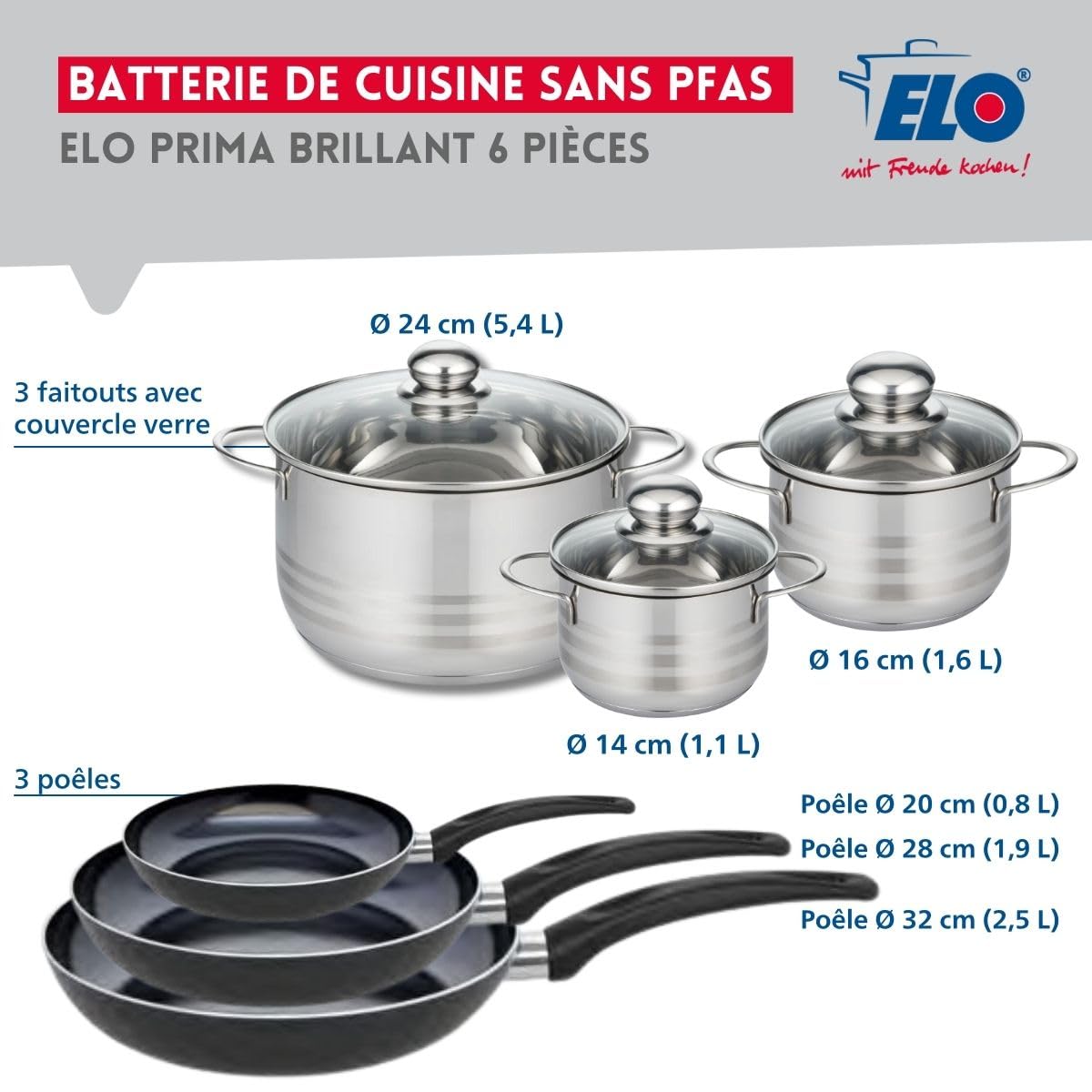 Elo Batterie cuisine 3 poêles 20/28/32 cm et 3 faitouts 14/16/24 cm