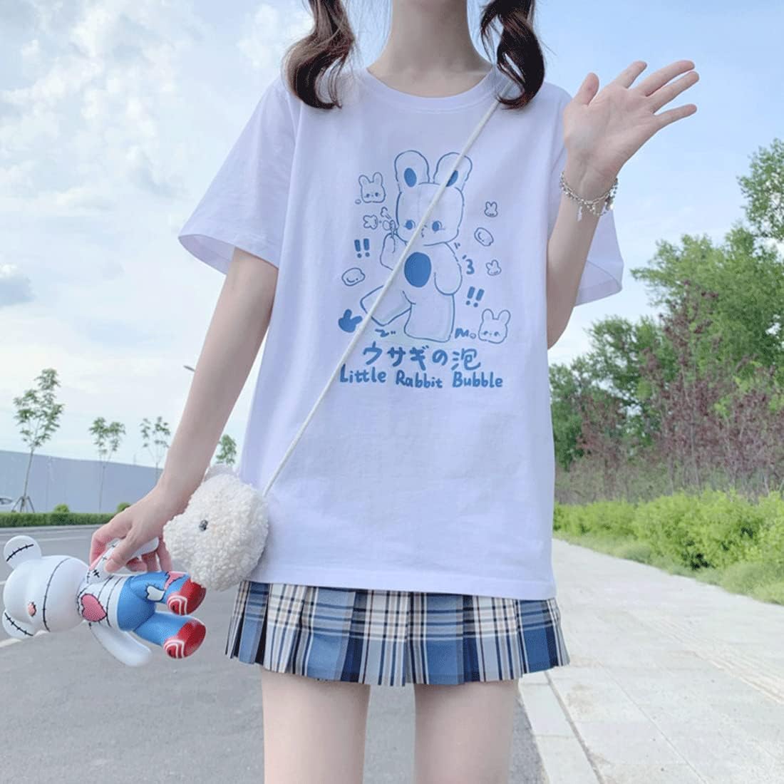 Japanese Harajuku Kawaii Goth Casual Style Loose Crewneck Cute Cartoon Little Rabbit Bubble Print T-Shirt - Image 4