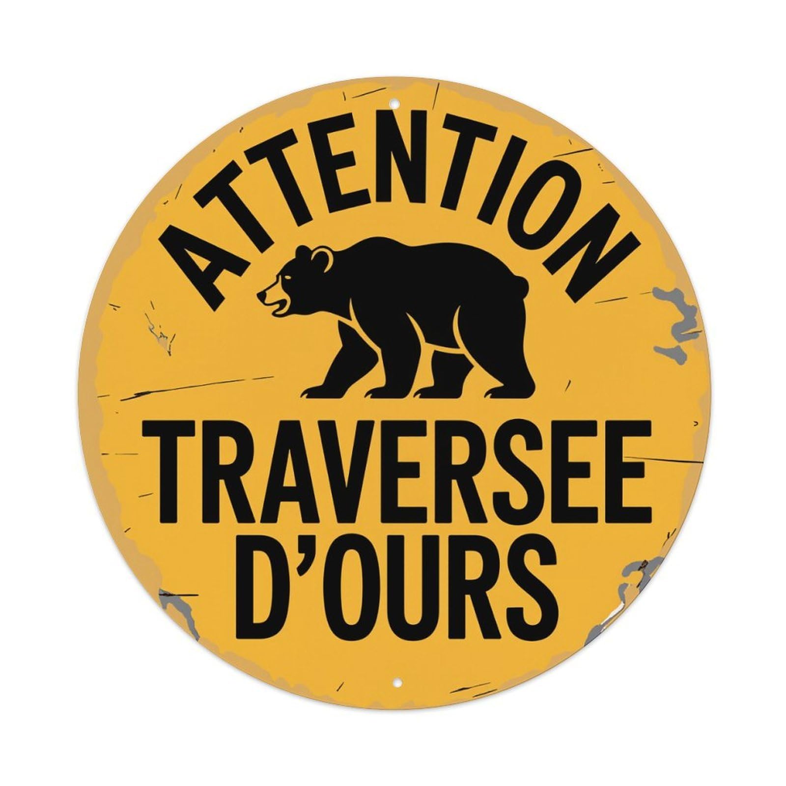 Attention Bear Crossing Sign Round Tin Sign Vintage Metal Poster Retro Bar, Home, Man Cave, Kitchen, Laundry Room Wall Art Decor Gift 8x8Inch