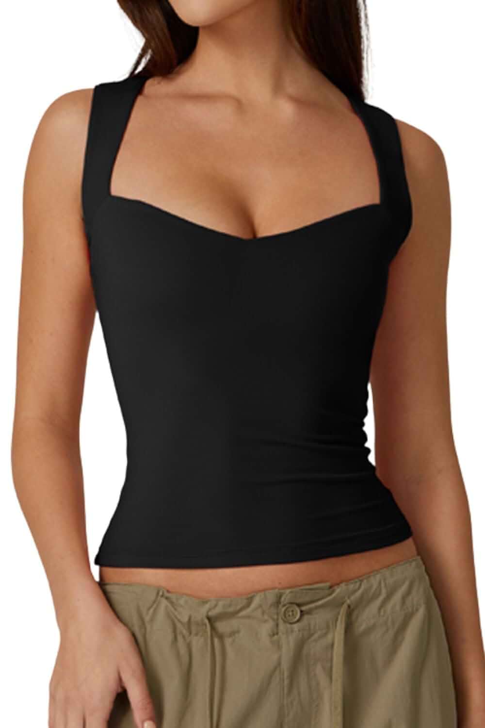 QINSEN Women's Sweetheart Neck Sleeveless Crop Tank Form-Fitting Wide Strap Top for Casual Active Wear Sleeveless