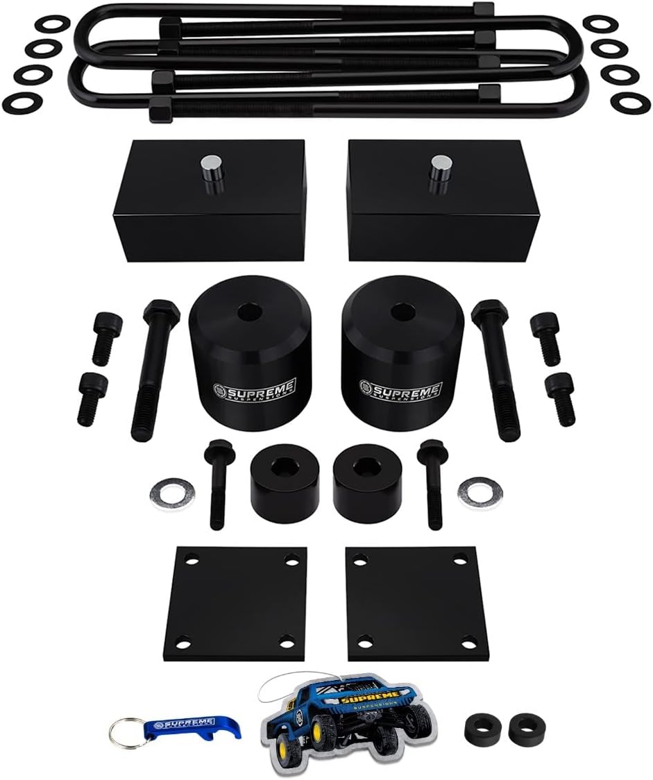 Supreme Suspensions - Full Lift Kit for 2017-2023 Ford F250 F350 Super Duty [4WD] 3" Front Lift Spring Spacers + 2" Rear Lift Blocks + U-Bolts + Brake Line Brackets + Bump Stop Spacers (Black)