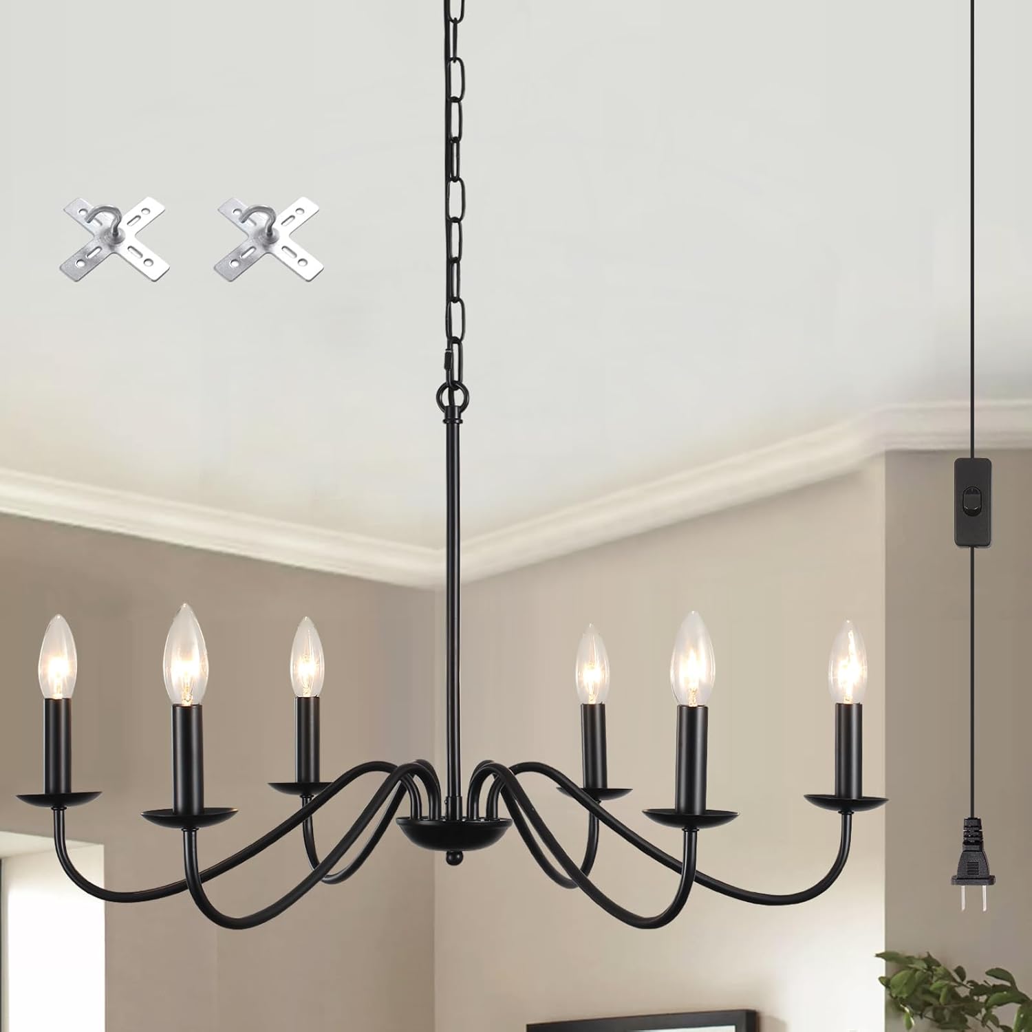ADSENSTY 6Light Plug in Chandelier for Dining Room, Black Farmhouse
