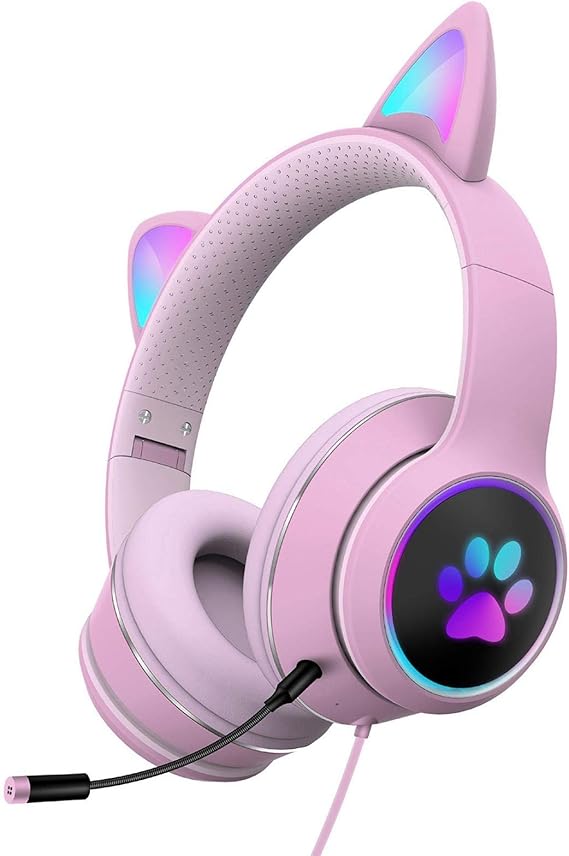 POHOVE LED-beleuchtete Kopfhörer, Katzenohr-Kopfhörer mit Mikrofon, faltbar, Over-On-Ear-Game ...