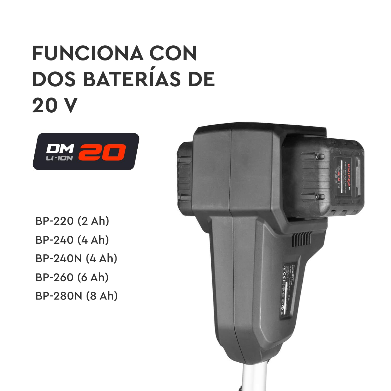 Desbrozadora Inalámbrica DTC-200BC Dual 2x20V - Cortabordes a Batería con Corte 350 mm y Cuchilla 3T 255 mm, 7000 RPM y Función Reversa - Kit Que Incluye 2 Baterías 4Ah y Cargador Dual - por Dnipro-M