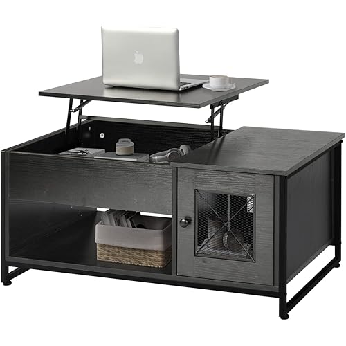 GBU Industrial Lift Top Coffee Table - Modern Living Room Table w/Hidden Compartments and Mesh Cabinet, Lift Tabletop Dining Table for Reception Room, Office, Living Room Study, Black Wood Grain