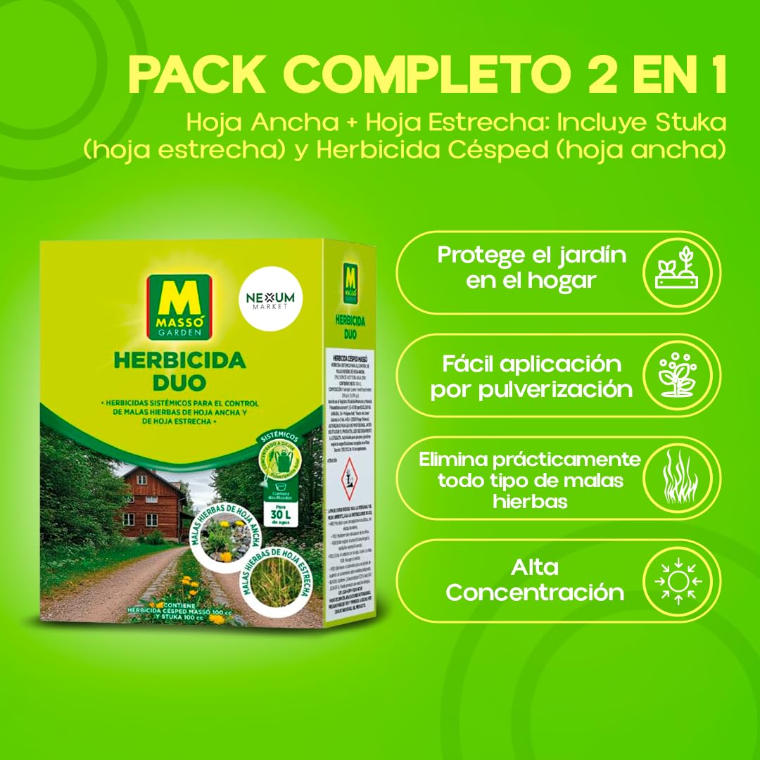 Herbicida TOTAL DUO Pack 2x100ml | Herbicida para Malas Hierbas Potente, Elimina Hoja Ancha + Hoja Estrecha Sin Dañar el Suelo | Para 30L de Agua, Fácil de Aplicar, Uso Doméstico Seguro | Nexum Market