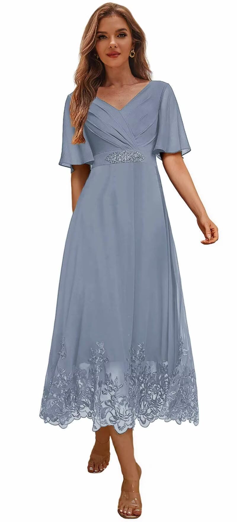 RSOPUB Tea Length Mother of The Bride Dresses for Wedding Lace Beaded Formal Evening Dress with Sleeves