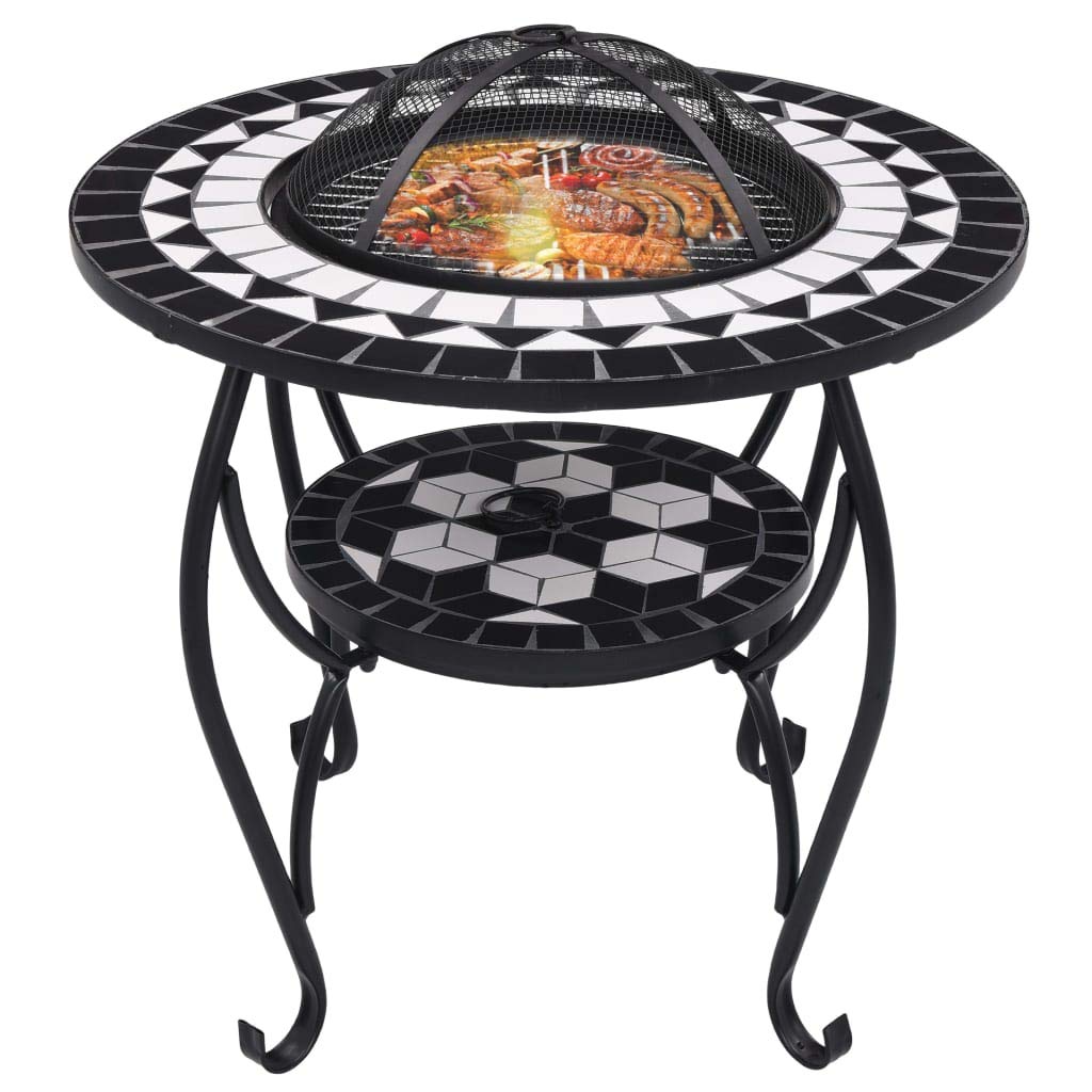 INLIFE Mesa con brasero de mosaico negro y blanco, 68 cm, de cerámica, para casa y jardín, chimeneas (25 kg)