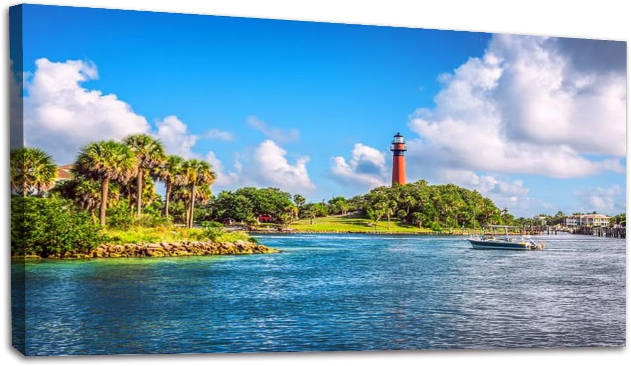 20"x 40" Canvas Lighthouse Wall Art Jupiter Florida Inlet Framed Pictures Painting Prints Large Beach Wall Art for Living Room Bedroom Abstract Home Wall Decor Artwork