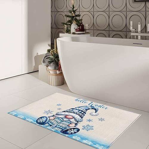 Miniatura 9 de Hello Winter - Tapete para puerta delantera, 18 x 30 pulgadas, tapete absorbente de gnomos de Navidad, copo de nieve azul, tapete lavable para baño,