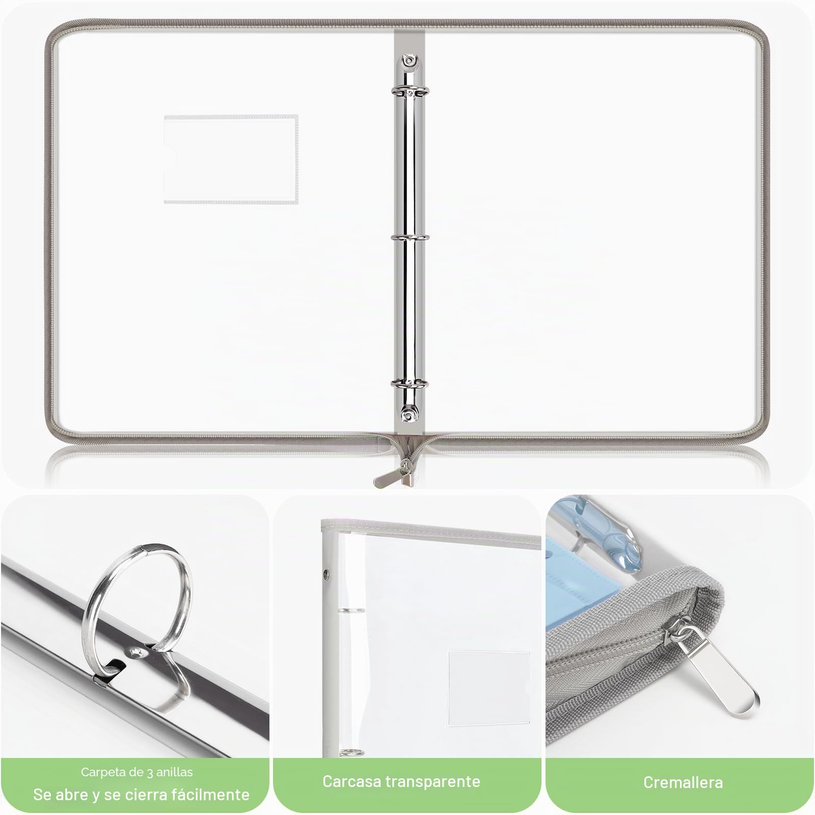 Uquelic Carpeta 3 Anillas A4– Carpetas Archivadoras con 12 Fundas Plástico A4 para Organizar y Archivar Documentos, Carcasa Blanda de PVC (Macarrón Transparente)