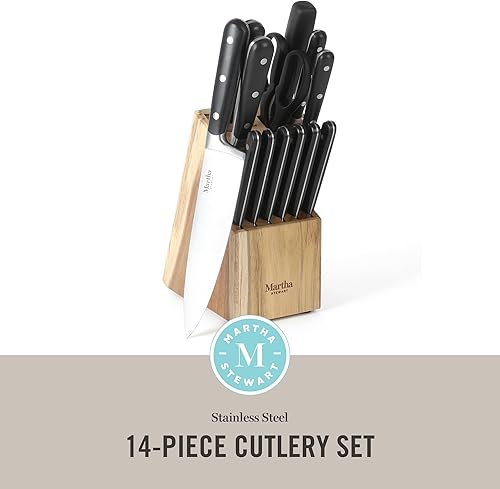 Vista 40 de MARTHA STEWART Eastwalk Juego de 14 cuchillos de cocina de acero inoxidable de alto carbono con mango forjado triple remachado ABS bloque de madera